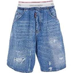 Blue Shorts with Elastic Waist with Logo Lettering and Five-Pocket Design in Denim Men