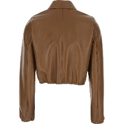 Brown Leather Crop Jacket with Classic Collar and Tone-on-Tone Lettering Logo on the Front for Women