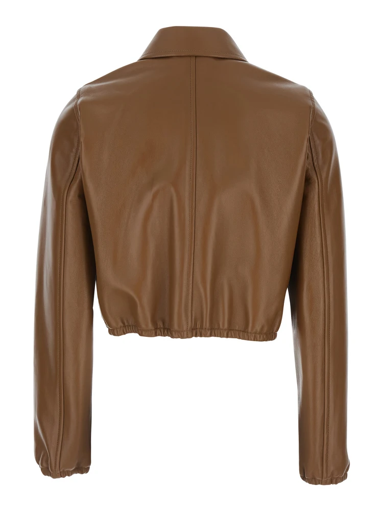Brown Leather Crop Jacket with Classic Collar and Tone-on-Tone Lettering Logo on the Front for Women alternative