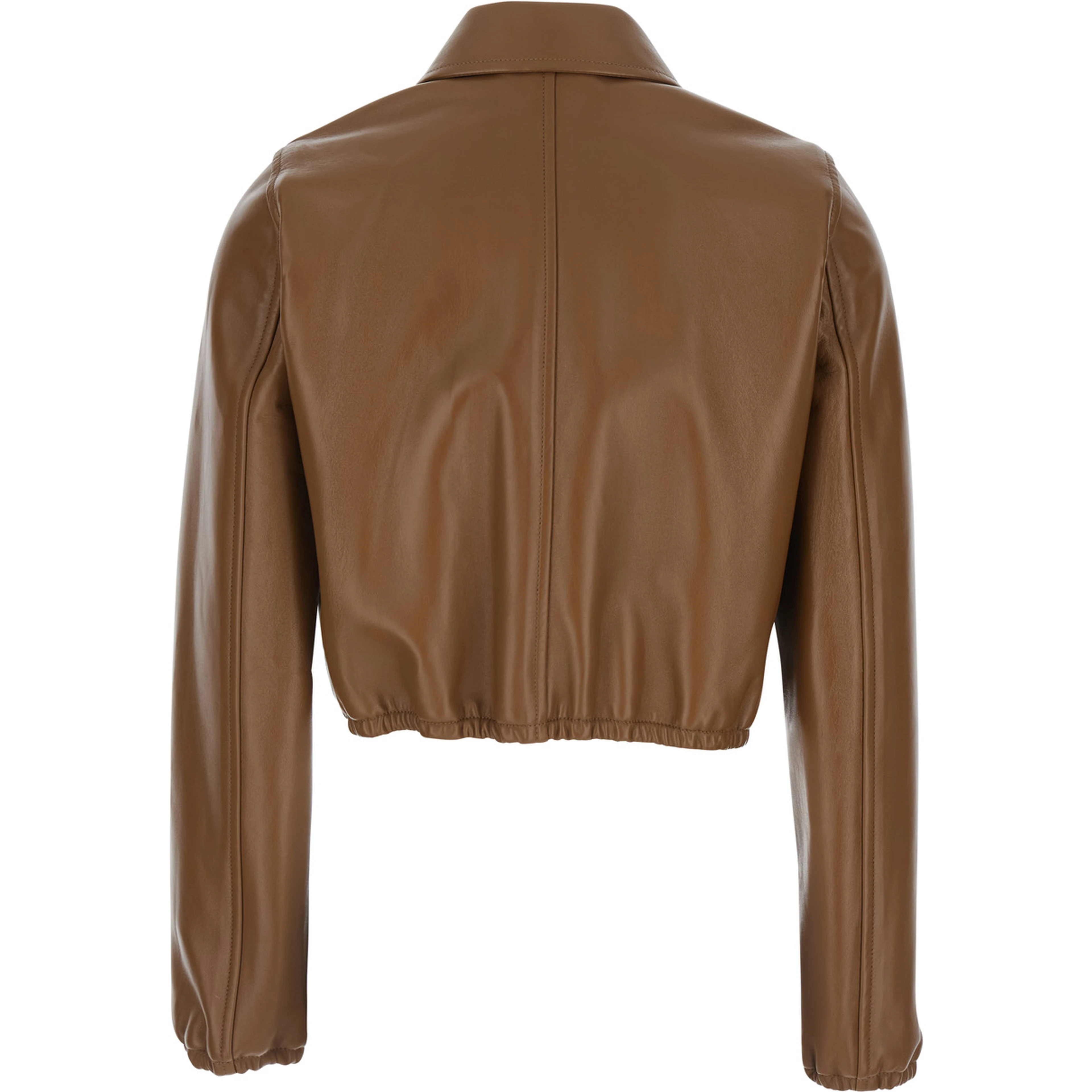 Brown Leather Crop Jacket with Classic Collar and Tone-on-Tone Lettering Logo on the Front for Women