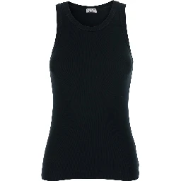 Black Top with Round Neck and Ribbed Design in Cotton Woman