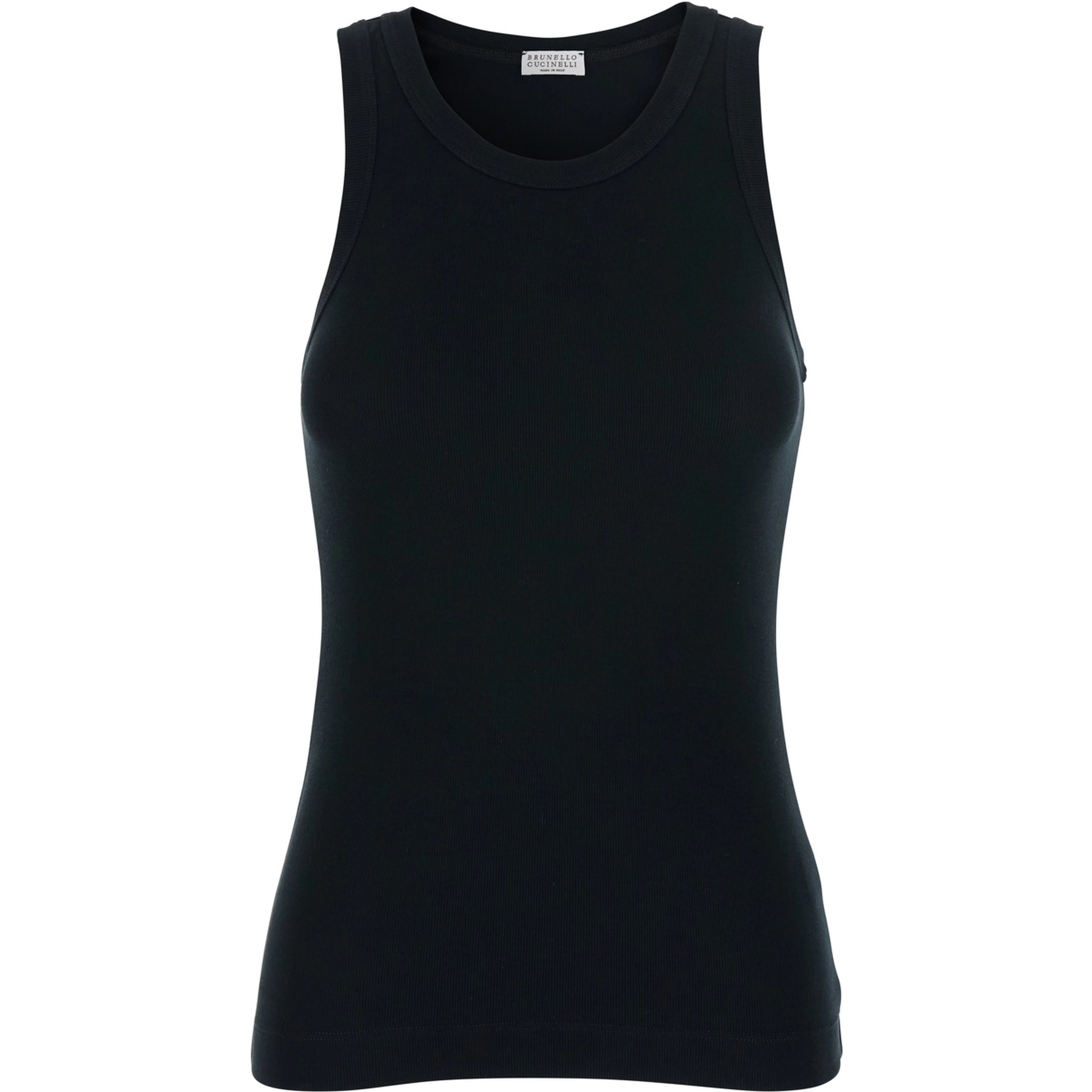 Black Top with Round Neck and Ribbed Design in Cotton Woman