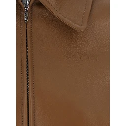 Brown Leather Crop Jacket with Classic Collar and Tone-on-Tone Lettering Logo on the Front for Women