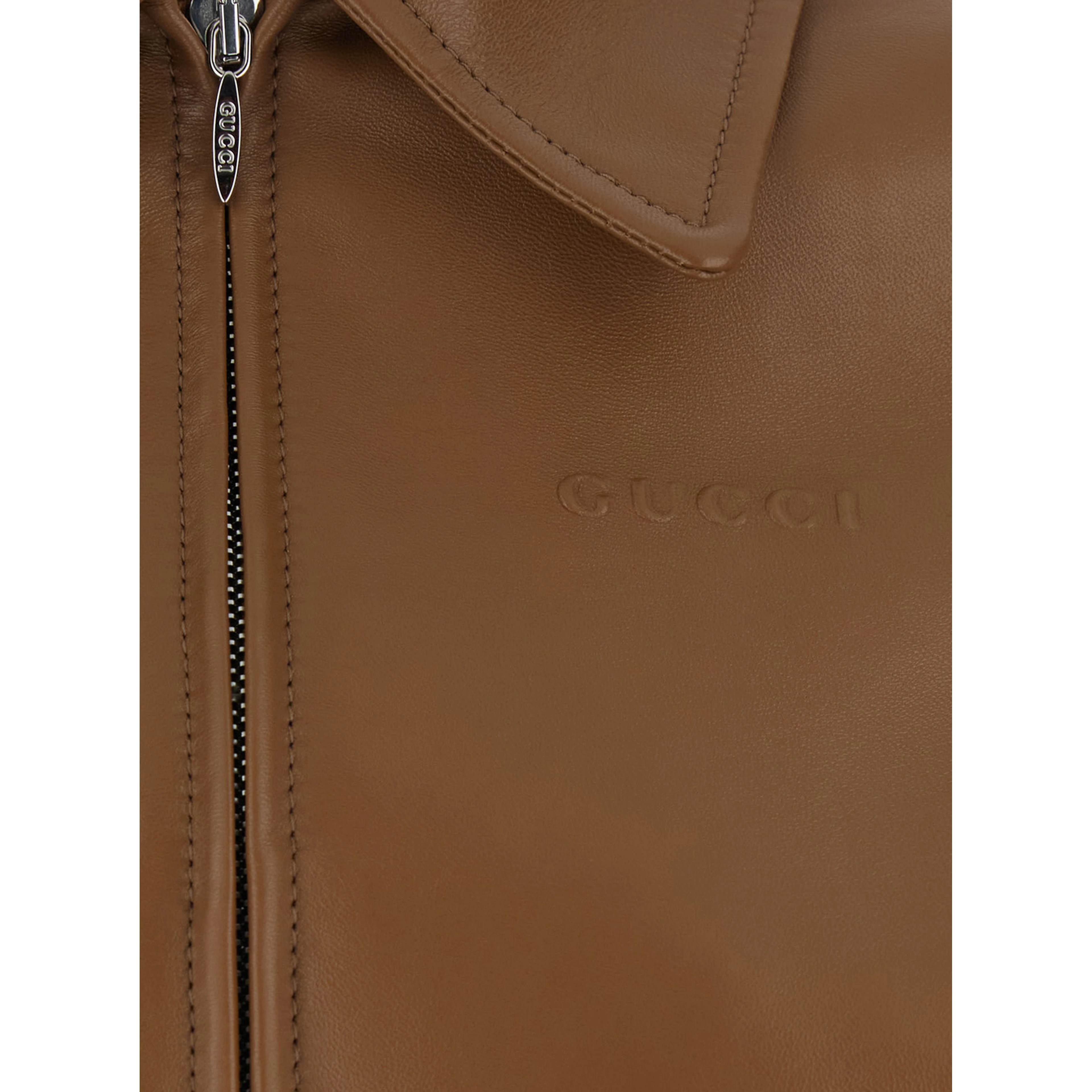 Brown Leather Crop Jacket with Classic Collar and Tone-on-Tone Lettering Logo on the Front for Women