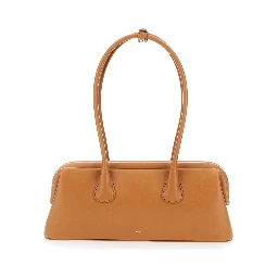 Boat Wide Mini Brown Shoulder Bag with Round Handles and Logo Lettering on the Front in Leather for Women