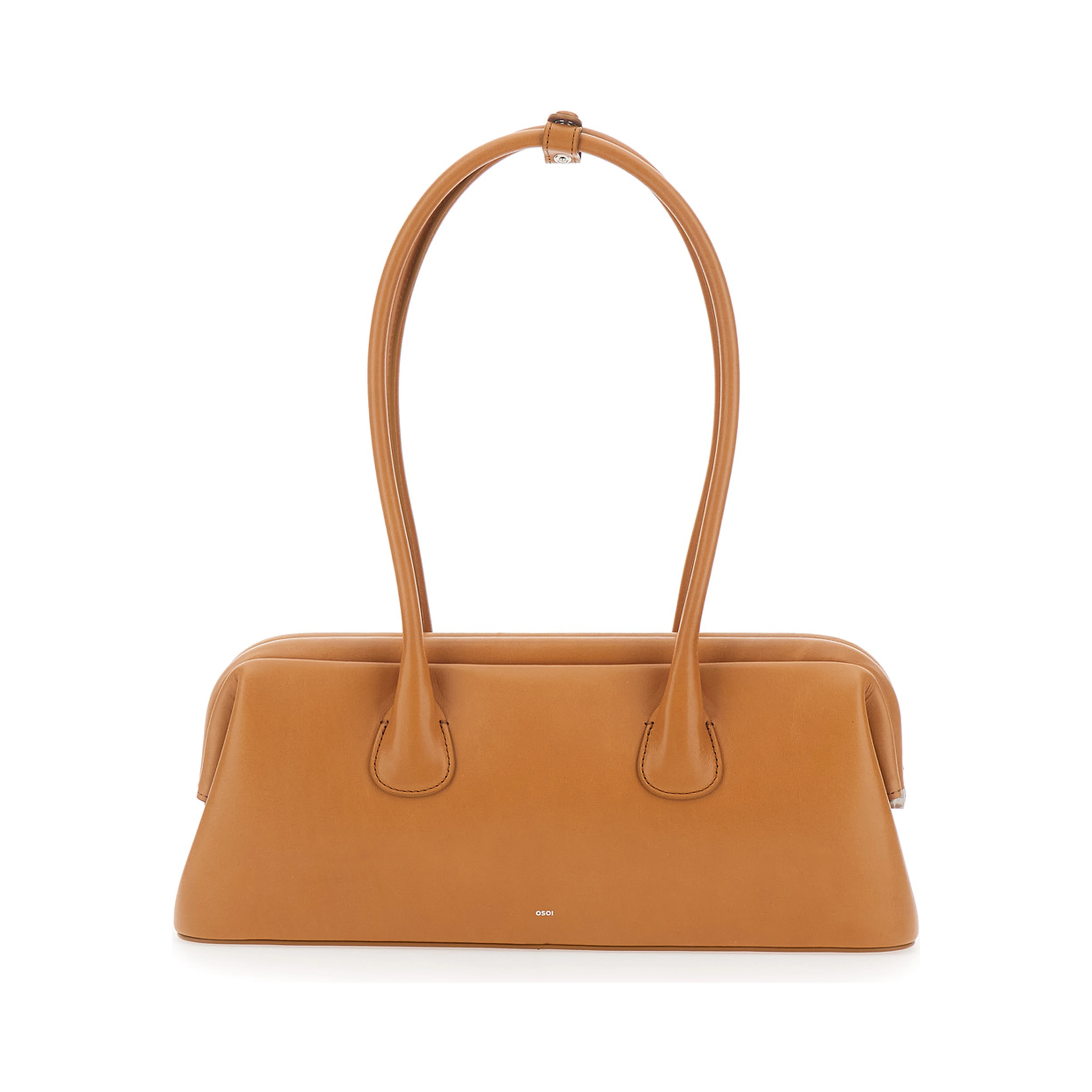 Boat Wide Mini Brown Shoulder Bag with Round Handles and Logo Lettering on the Front in Leather for Women