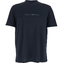 Blue Crew Neck T-Shirt with Logo Embroidery in Cotton for Men