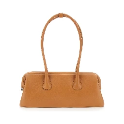 Boat Wide Mini Brown Shoulder Bag with Round Handles and Logo Lettering on the Front in Leather for Women