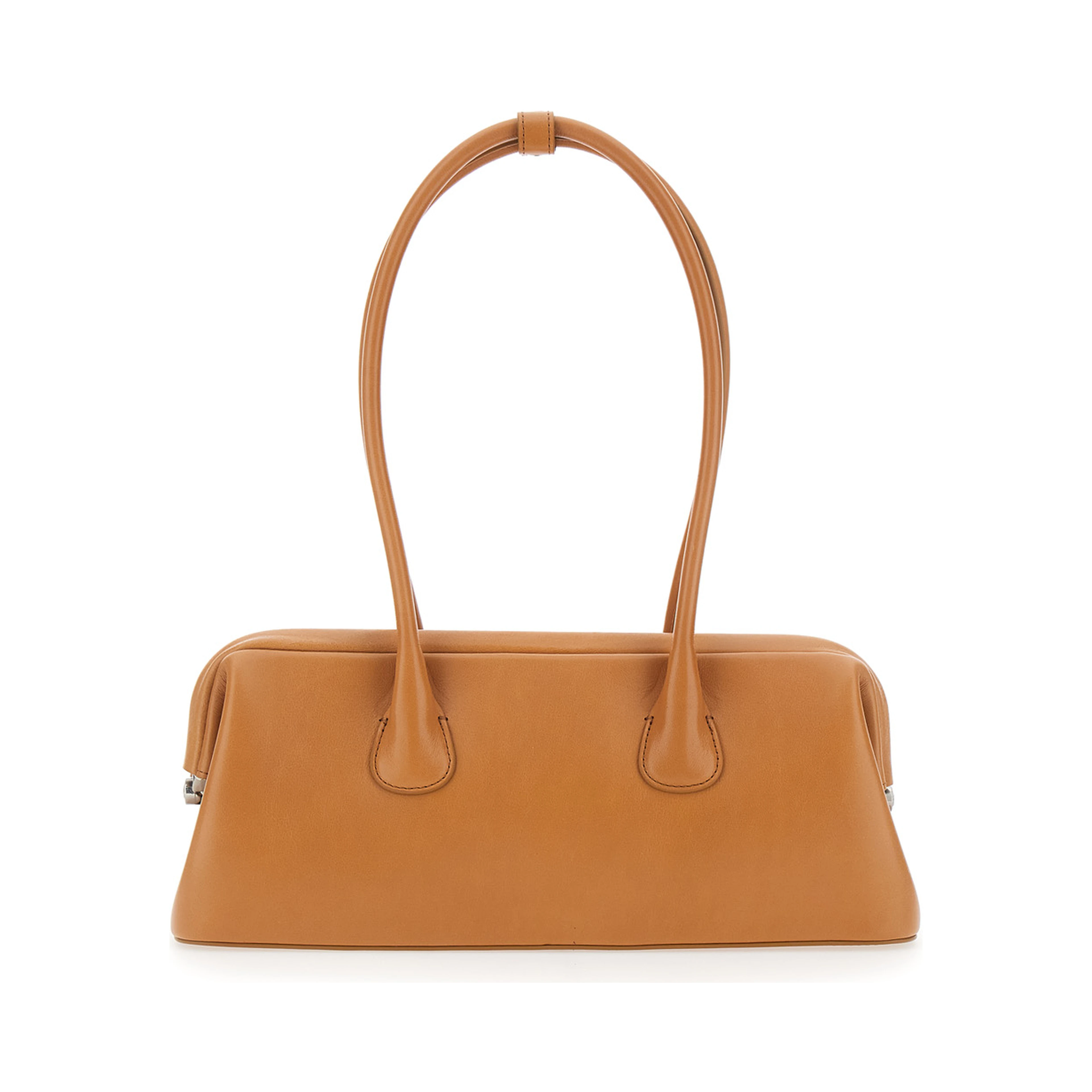 Boat Wide Mini Brown Shoulder Bag with Round Handles and Logo Lettering on the Front in Leather for Women