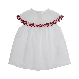 White Dress with Round Neck and Floral Embroidery in Cotton Girl