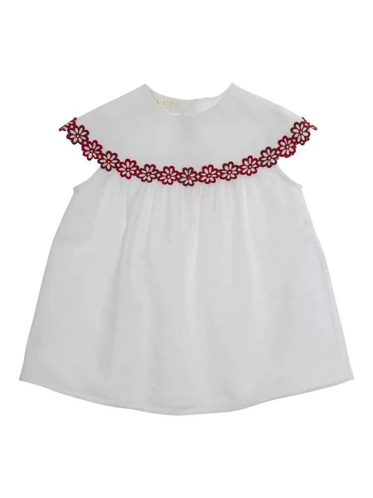 White Dress with Round Neck and Floral Embroidery in Cotton Girl