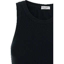 Black Top with Round Neck and Ribbed Design in Cotton Woman