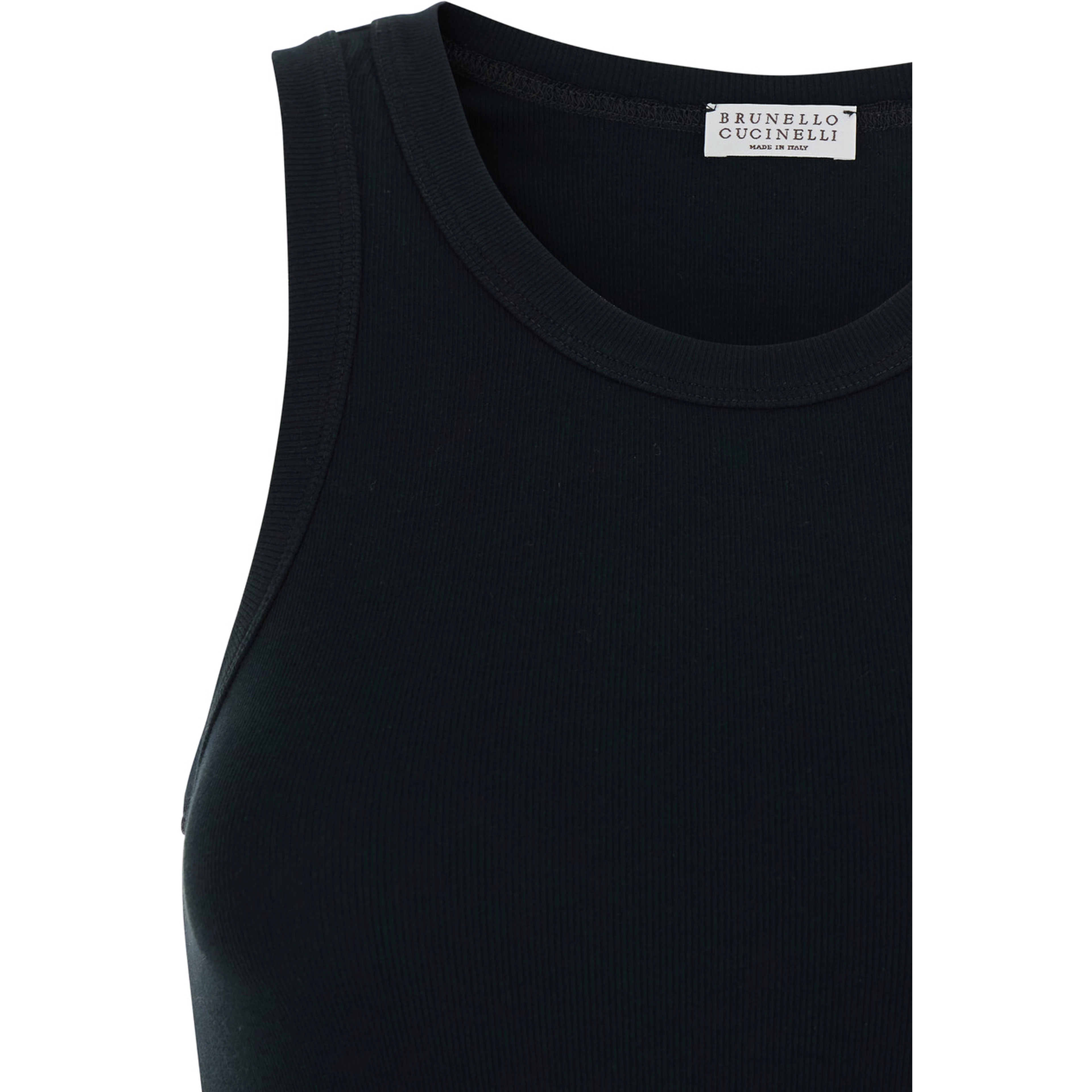 Black Top with Round Neck and Ribbed Design in Cotton Woman