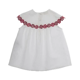 White Dress with Round Neck and Floral Embroidery in Cotton Girl