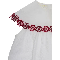 White Dress with Round Neck and Floral Embroidery in Cotton Girl