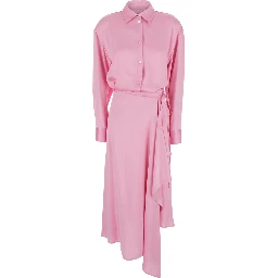 Pink Long Dress with Classic Collar and Adjustable Drawstring at Waist in Acetate Woman