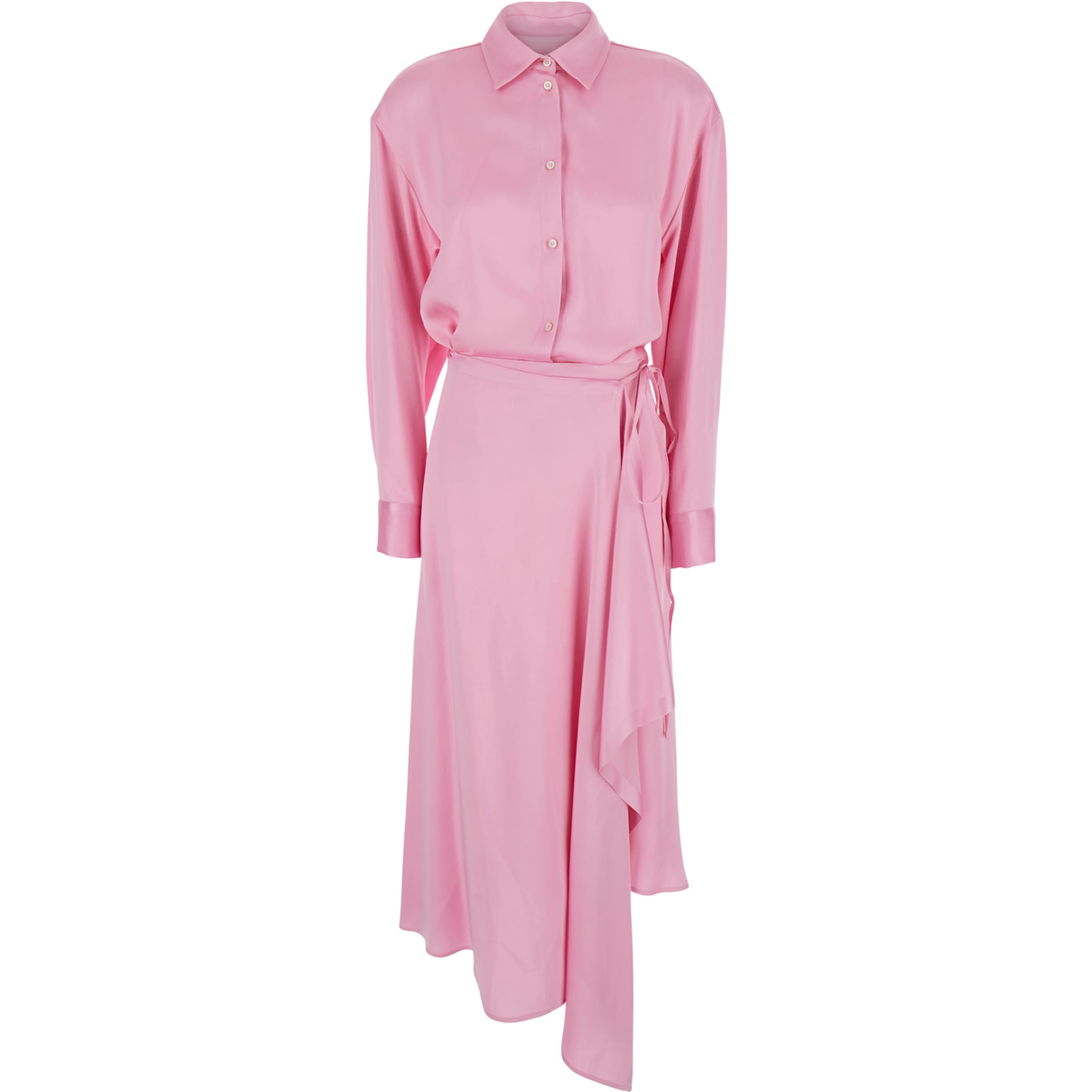 Pink Long Dress with Classic Collar and Adjustable Drawstring at Waist in Acetate Woman