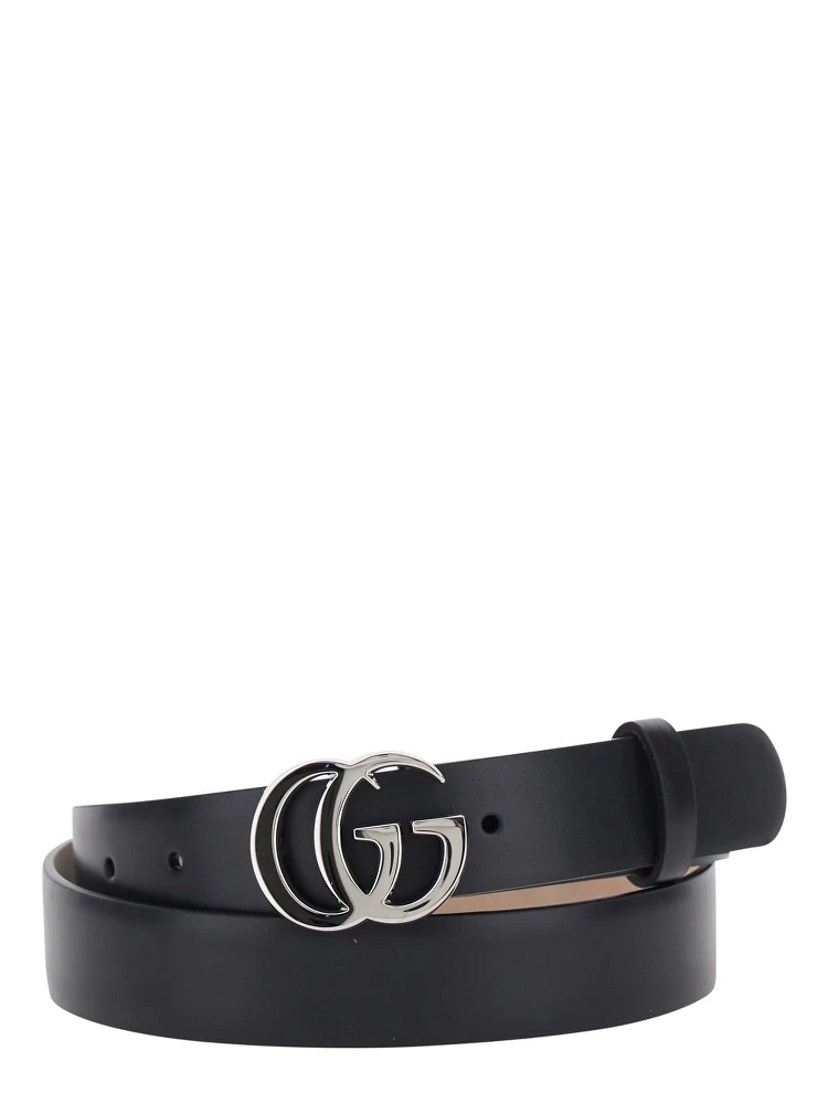 GG Running Black Belt with GG Plate Clasp and Loops in Leather for Men