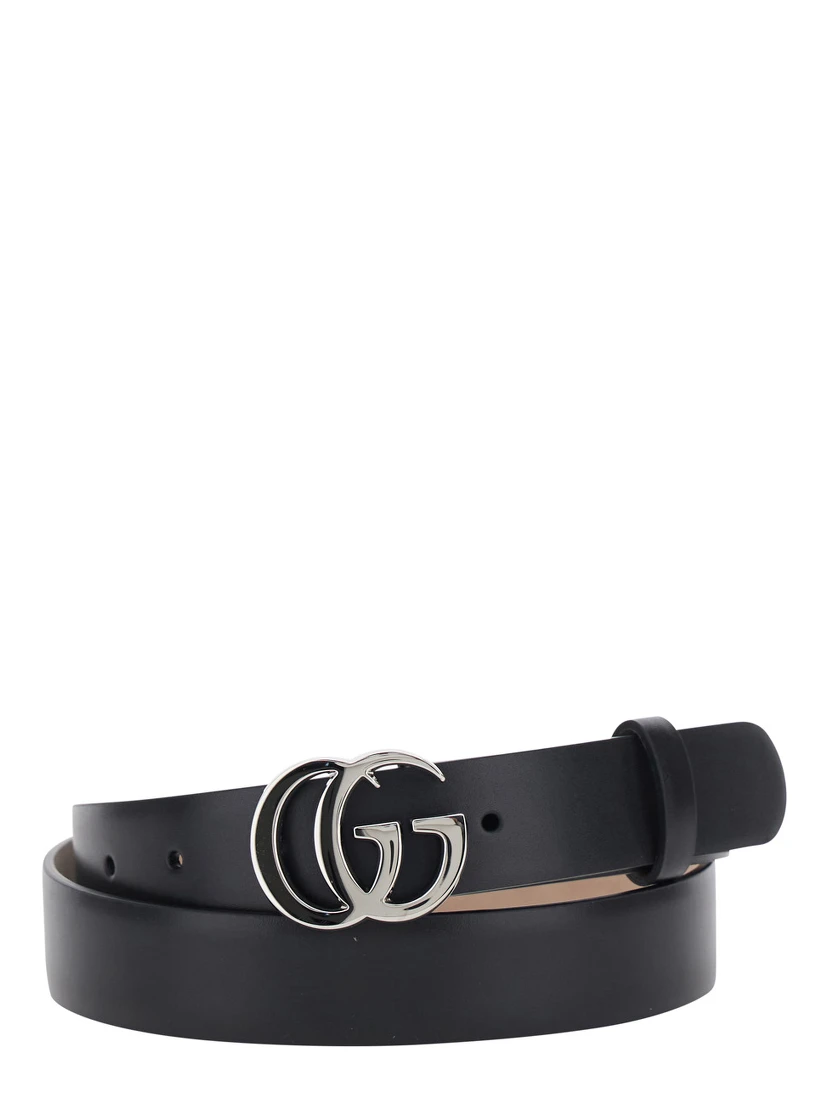 GG Running Black Belt with GG Plate Clasp and Loops in Leather for Men