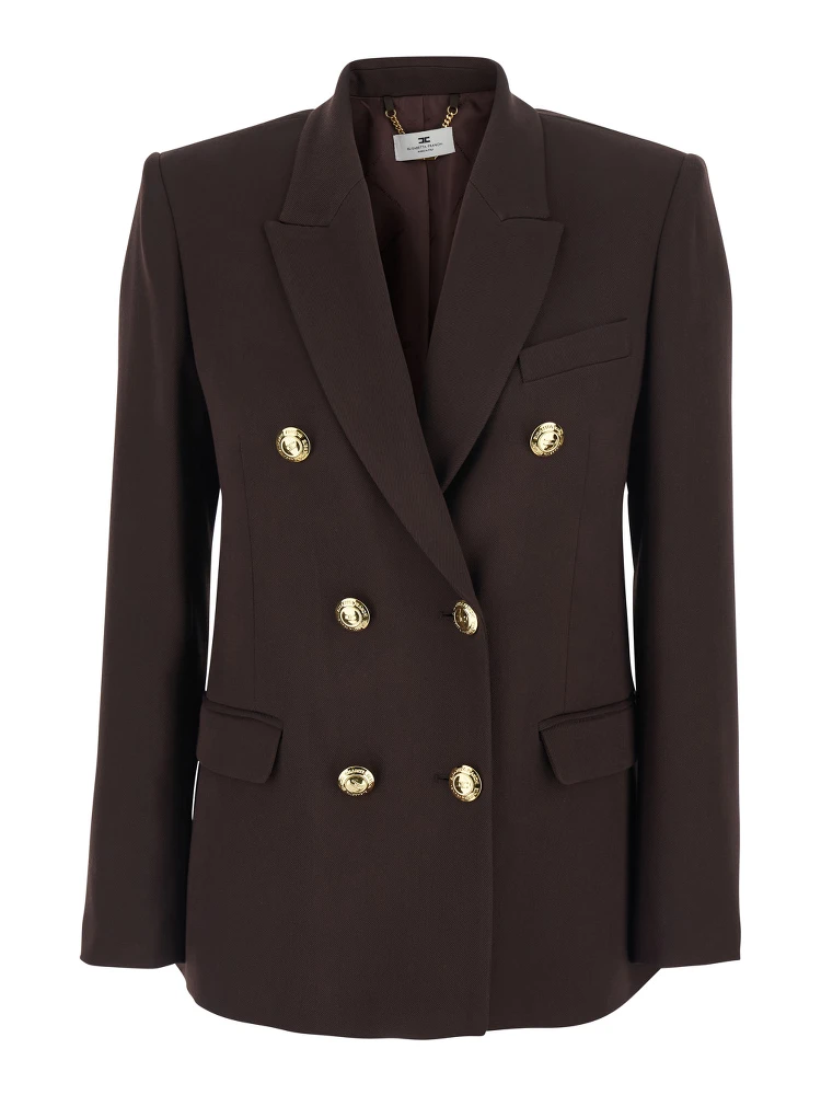 Brown Double-breasted Jacket with Peak Revers in Stretch Viscose for Women