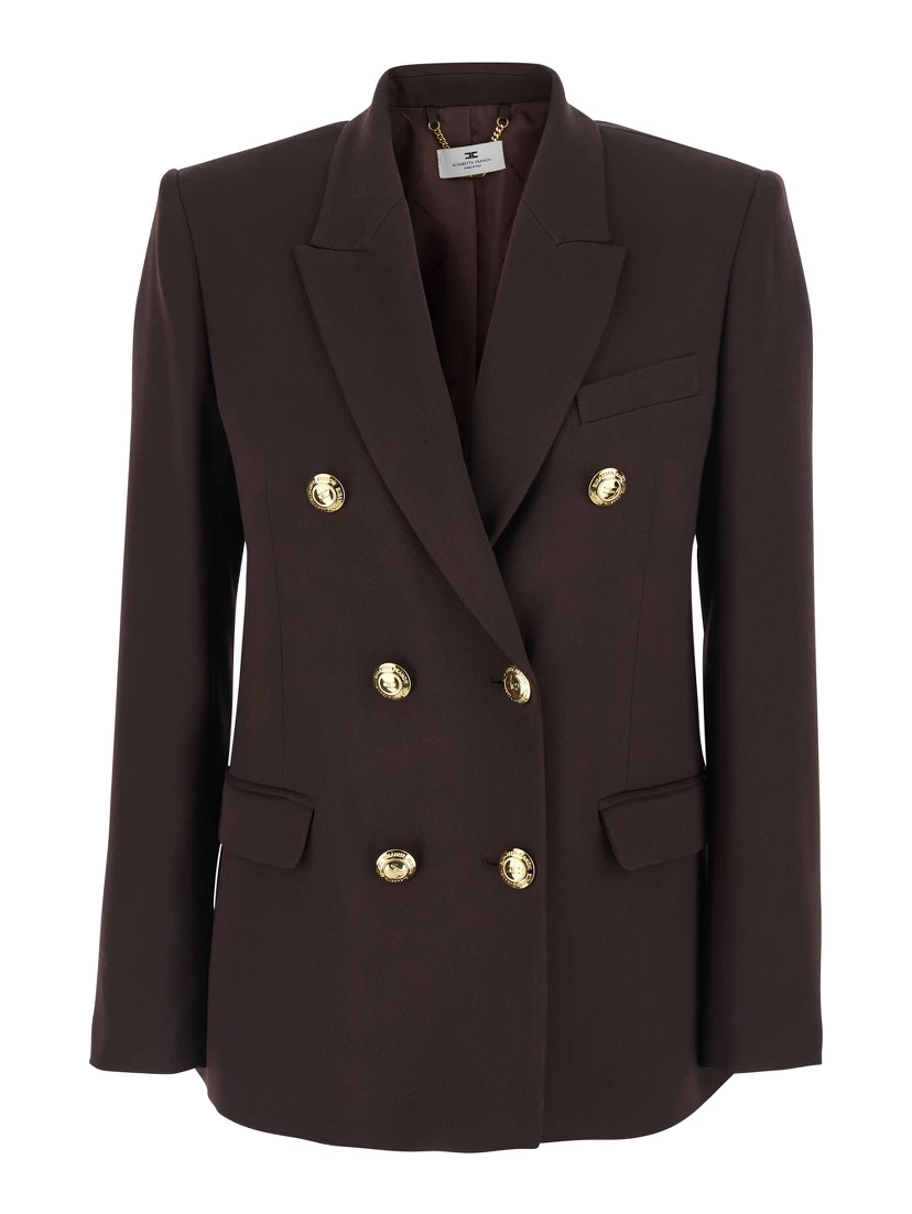 Brown Double-breasted Jacket with Peak Revers in Stretch Viscose for Women