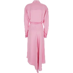 Pink Long Dress with Classic Collar and Adjustable Drawstring at Waist in Acetate Woman