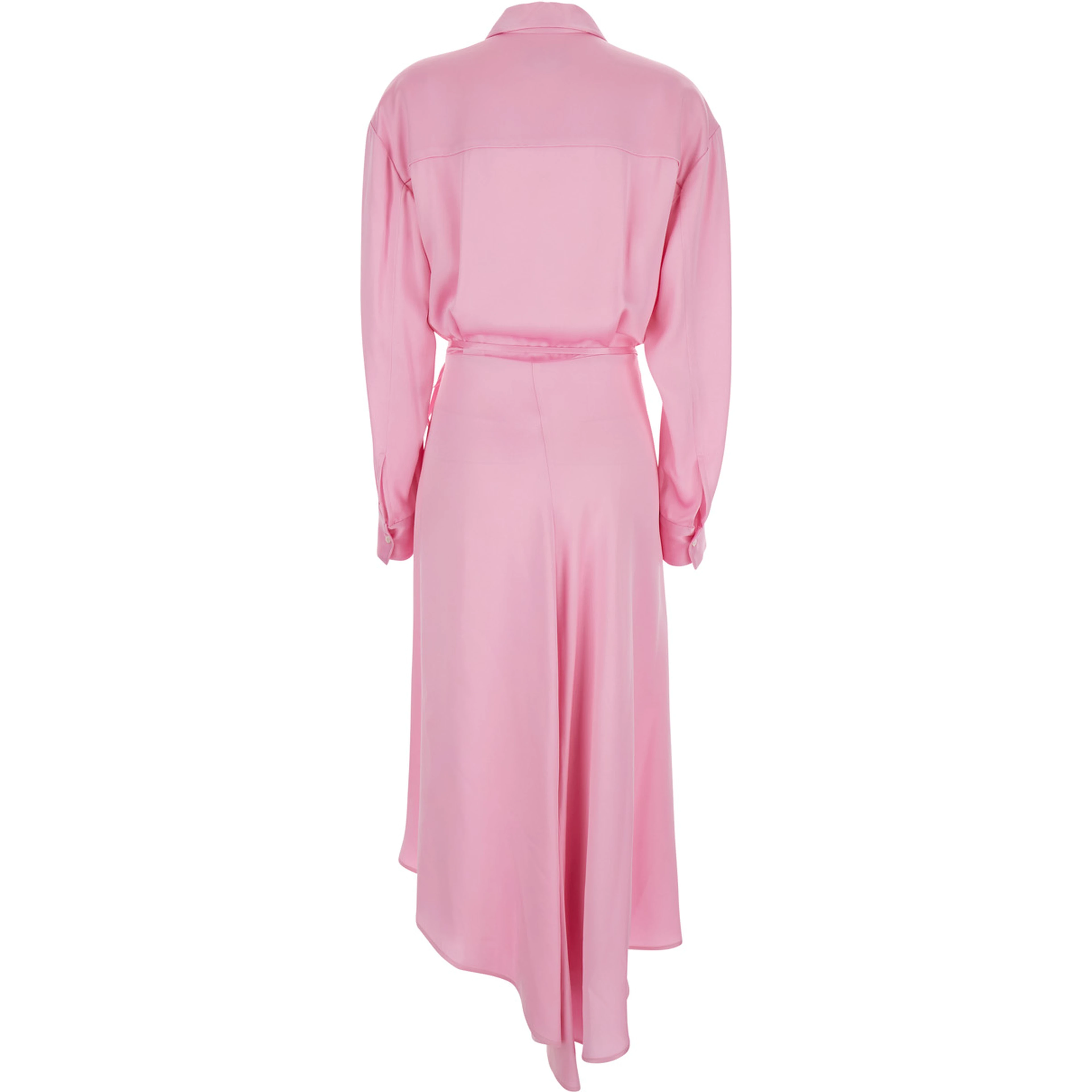 Pink Long Dress with Classic Collar and Adjustable Drawstring at Waist in Acetate Woman