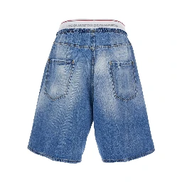Blue Shorts with Elastic Waist with Logo Lettering and Five-Pocket Design in Denim Men