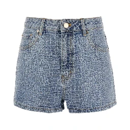 Shorts Rhinestone Croc Effect Blue Denim with Strass Details - Cotton - Women