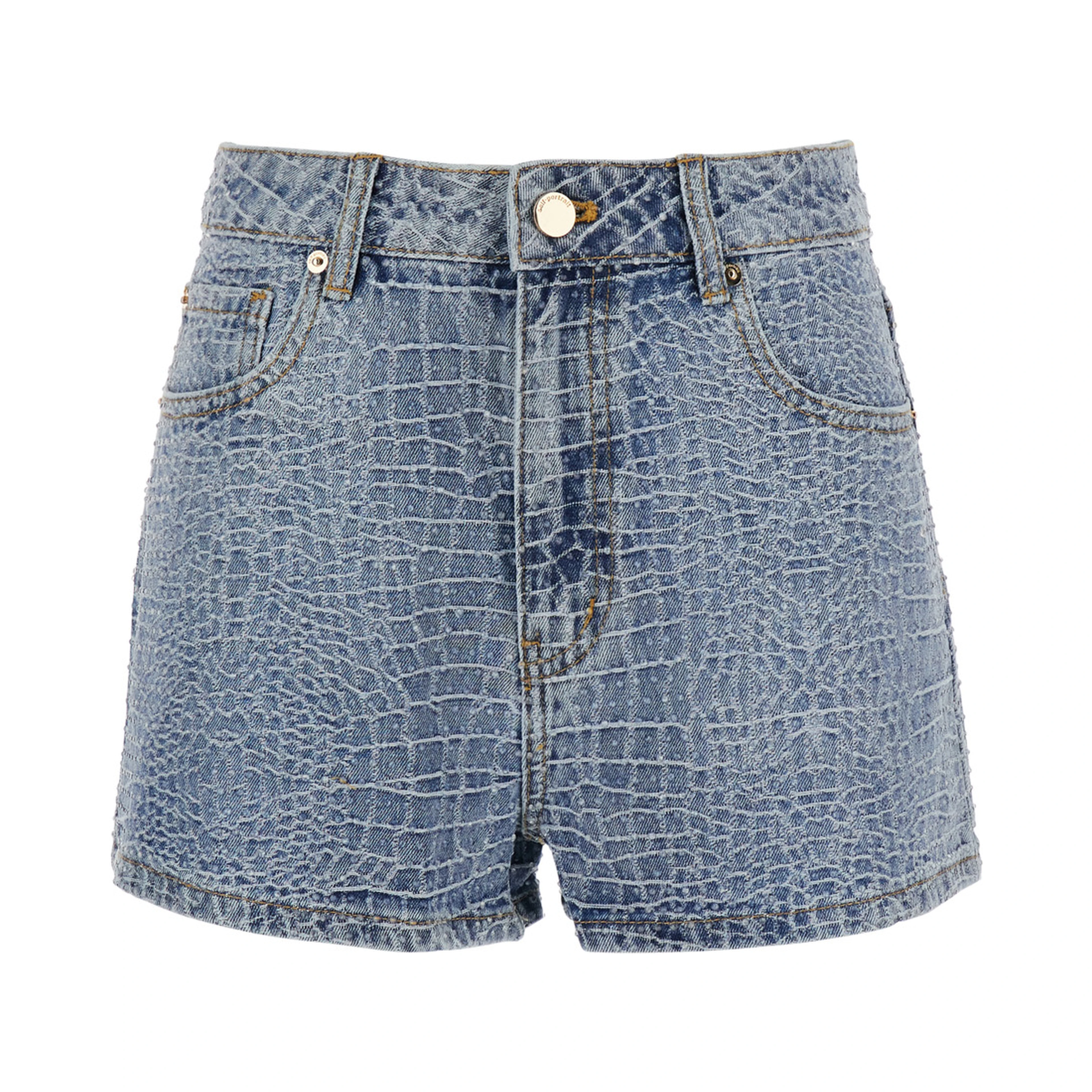 Shorts Rhinestone Croc Effect Blue Denim with Strass Details - Cotton - Women