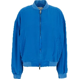 Blue Bomber Jacket with Ribbed Collar and Logo on the Back in Silk for Men