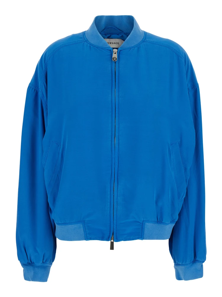 Blue Bomber Jacket with Ribbed Collar and Logo on the Back in Silk for Men