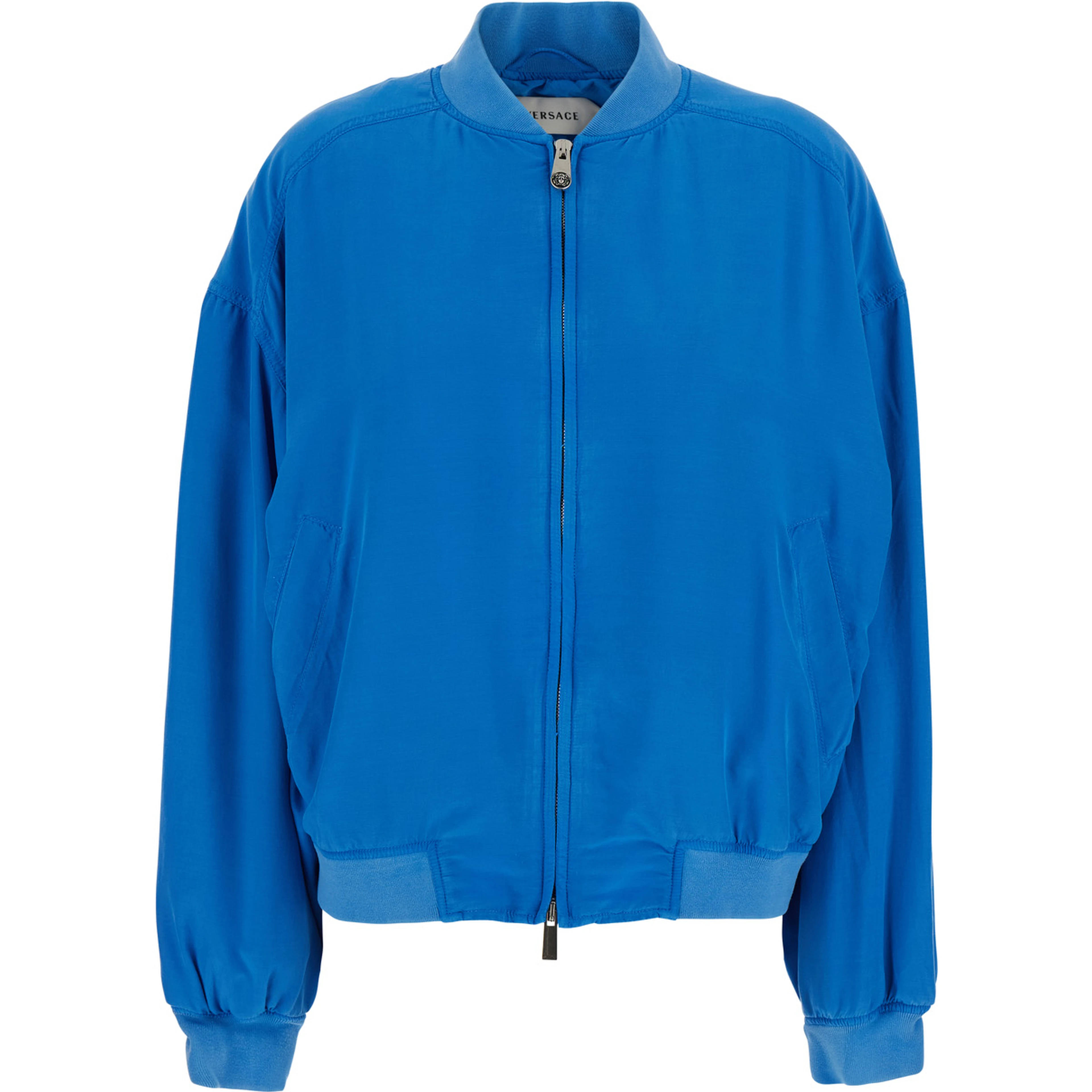 Blue Bomber Jacket with Ribbed Collar and Logo on the Back in Silk for Men