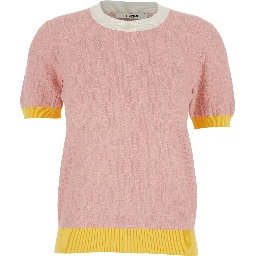 Pink Crew Neck T-shirt with All-Over FF Motif in Cotton Woman