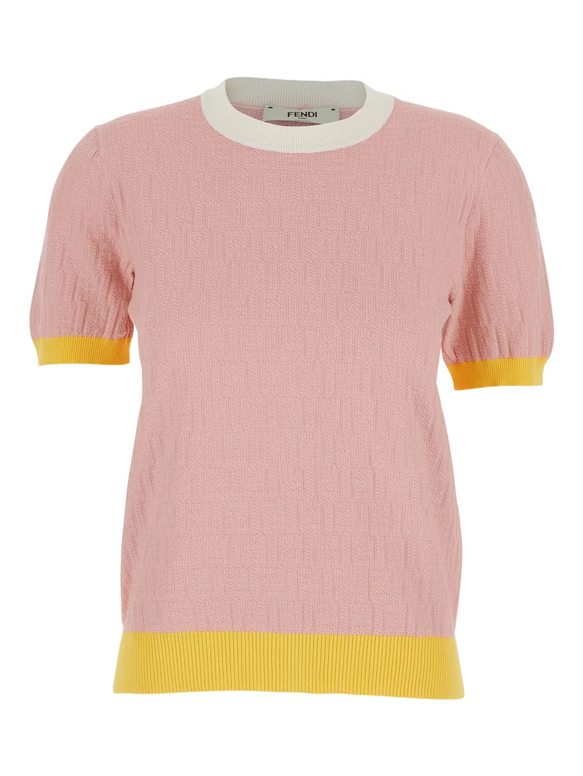 Pink Crew Neck T-shirt with All-Over FF Motif in Cotton Woman