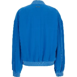 Blue Bomber Jacket with Ribbed Collar and Logo on the Back in Silk for Men