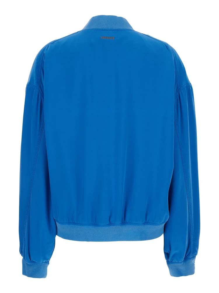 Blue Bomber Jacket with Ribbed Collar and Logo on the Back in Silk for Men alternative