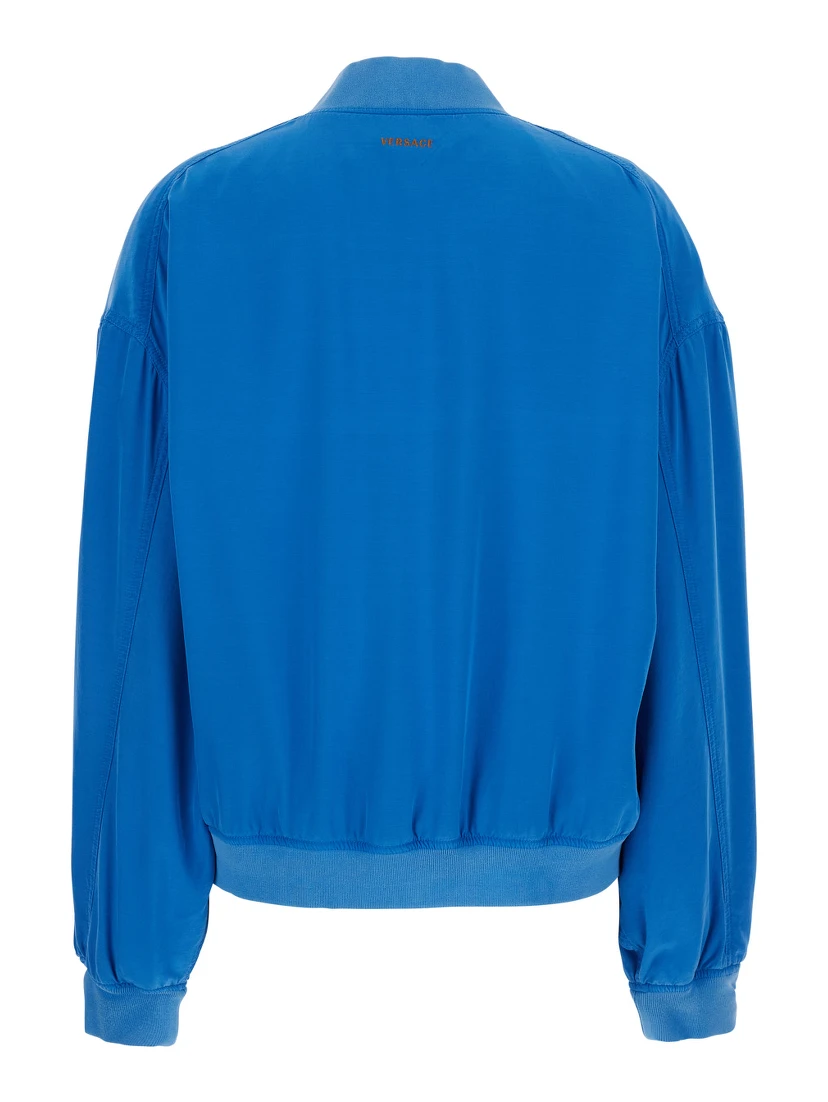 Blue Bomber Jacket with Ribbed Collar and Logo on the Back in Silk for Men