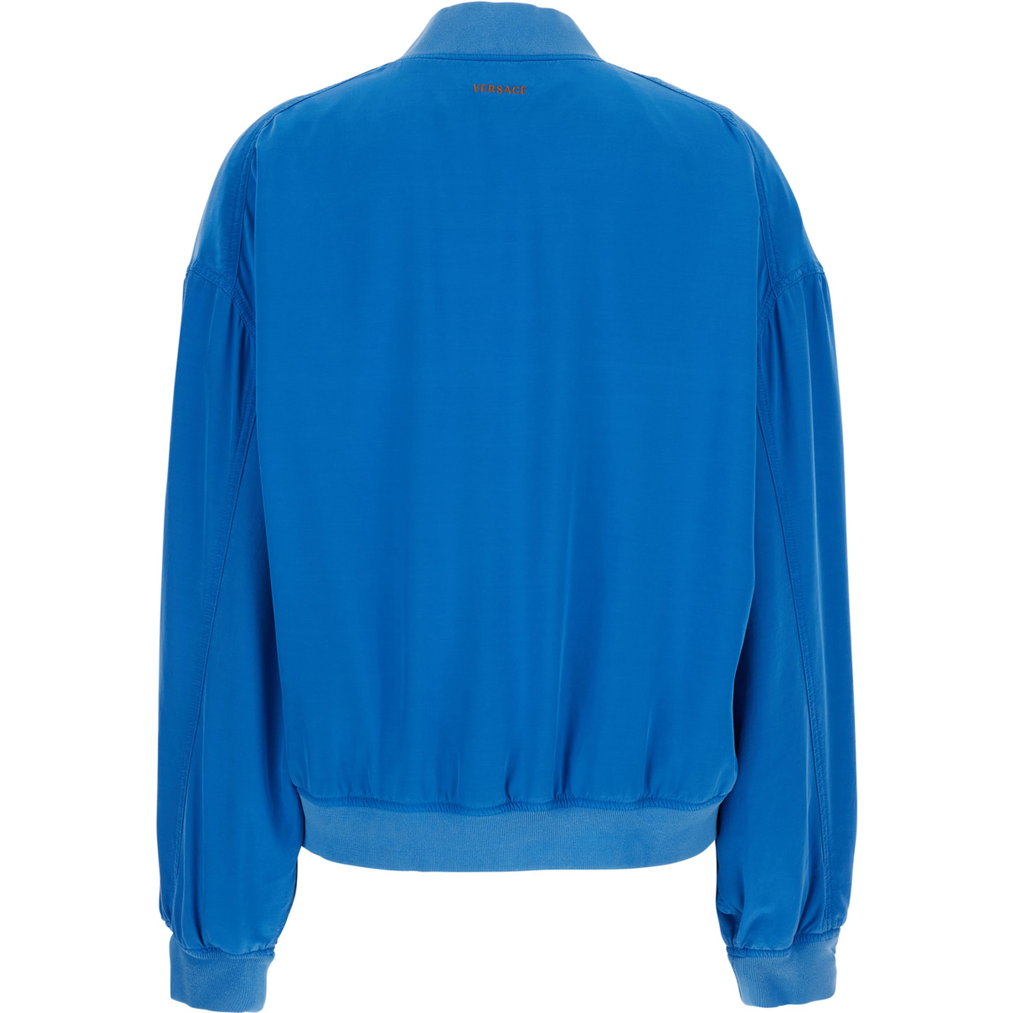 Blue Bomber Jacket with Ribbed Collar and Logo on the Back in Silk for Men