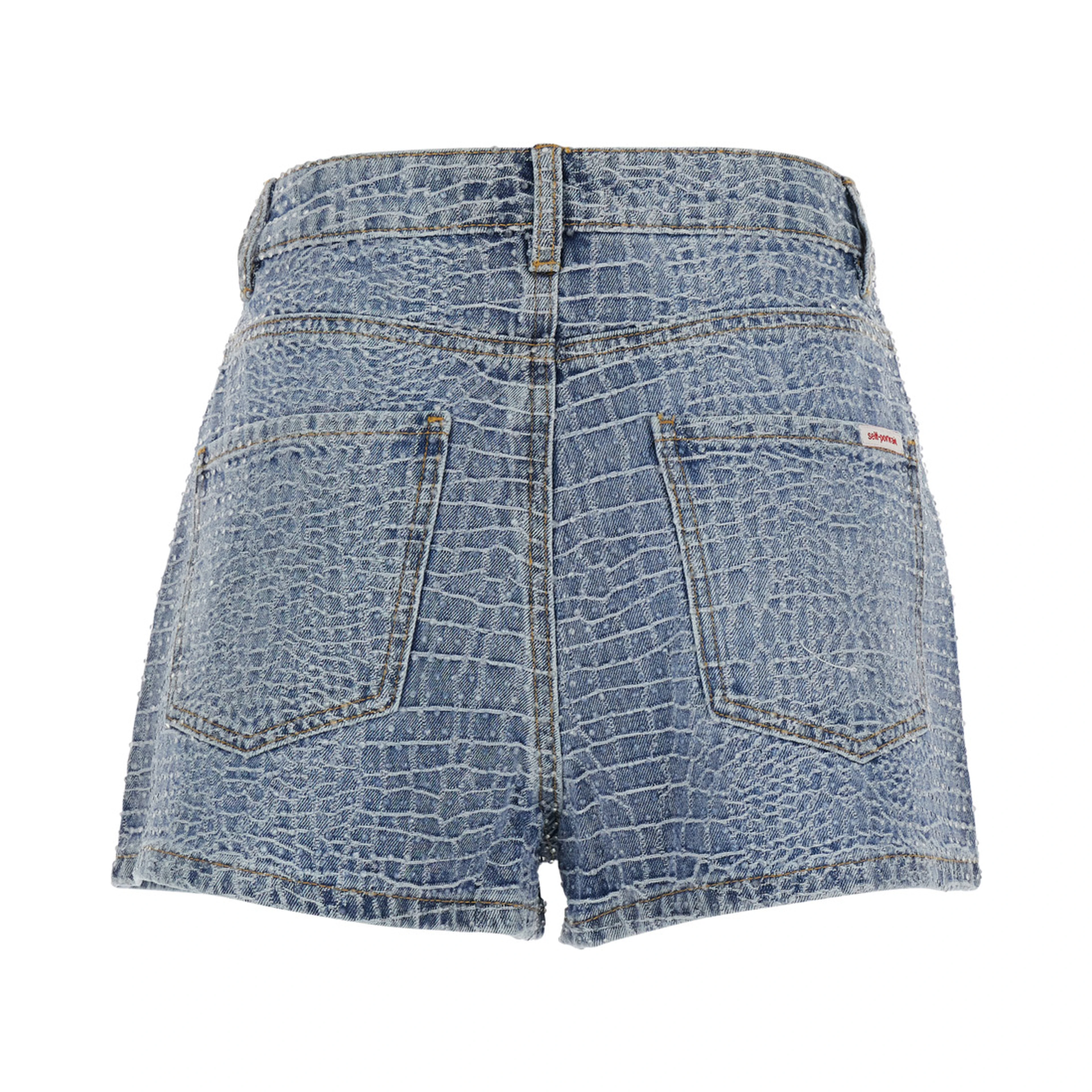 Shorts Rhinestone Croc Effect Blue Denim with Strass Details - Cotton - Women