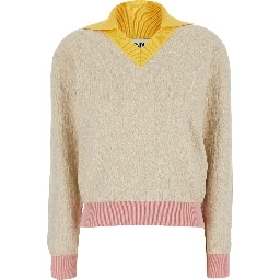 Beige Long-Sleeved Sweater with V-Neck and All-Over FF Motif in Cotton Women
