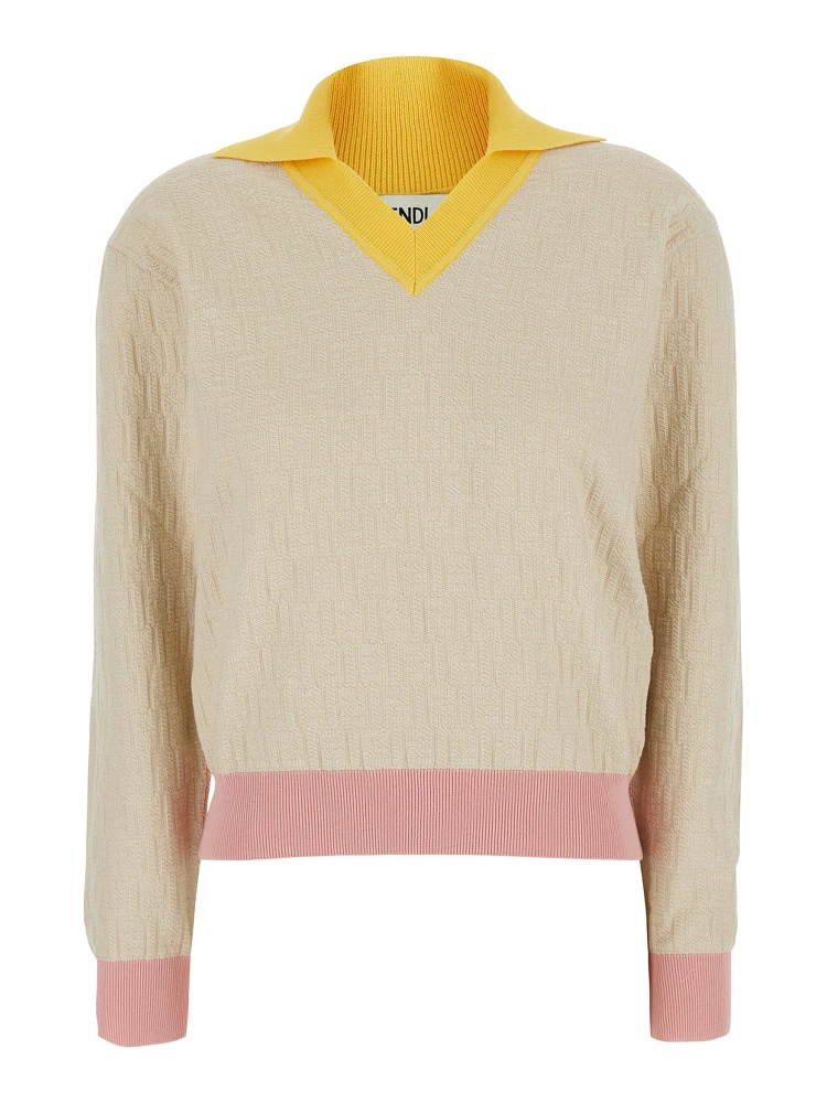 Beige Long-Sleeved Sweater with V-Neck and All-Over FF Motif in Cotton Women