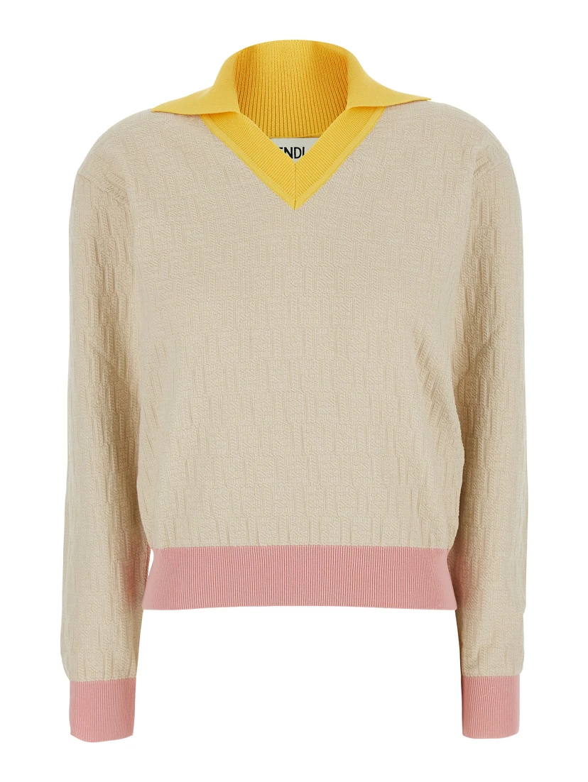 Beige Long-Sleeved Sweater with V-Neck and All-Over FF Motif in Cotton Women