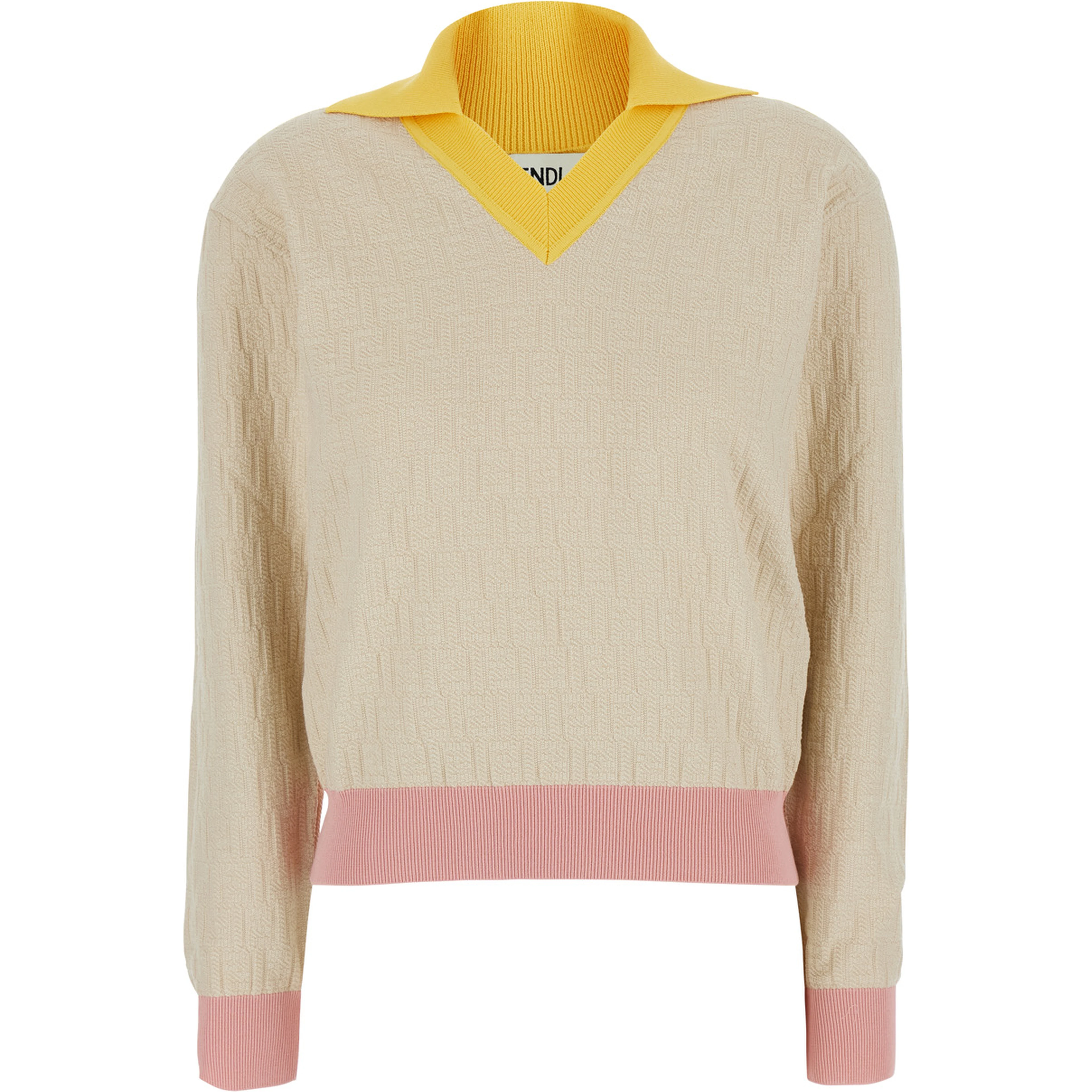 Beige Long-Sleeved Sweater with V-Neck and All-Over FF Motif in Cotton Women