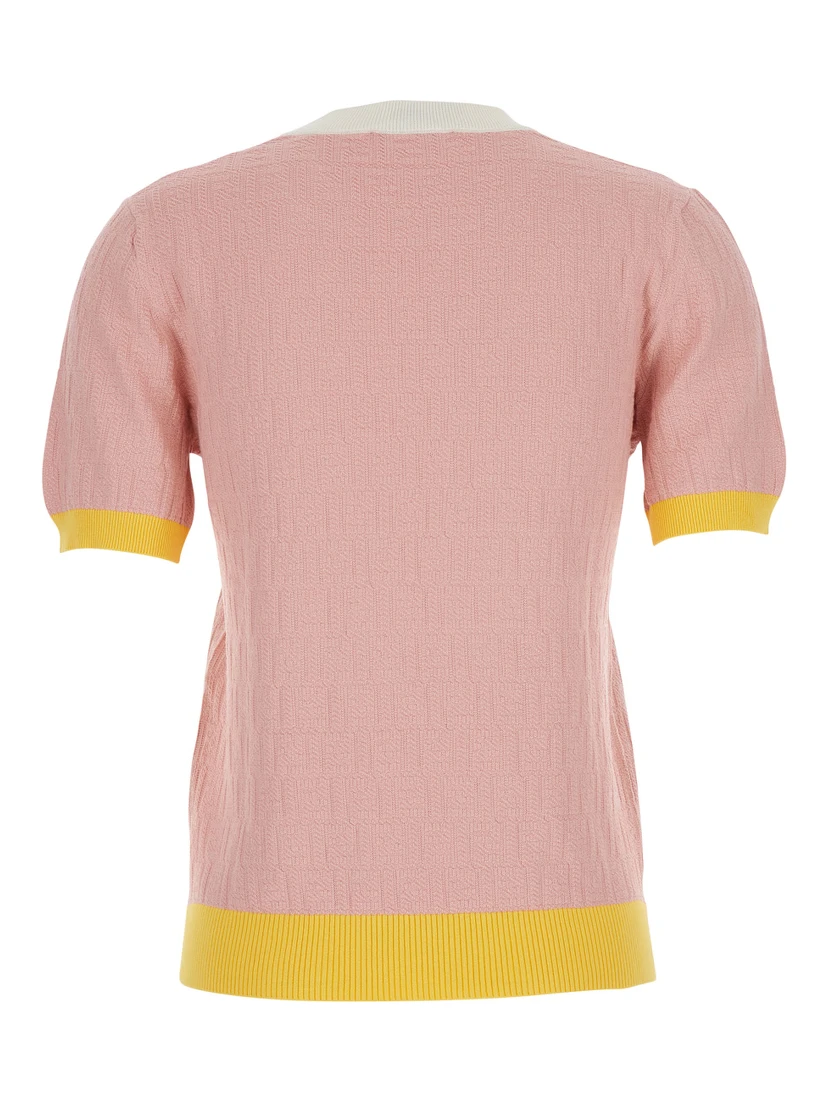 Pink Crew Neck T-shirt with All-Over FF Motif in Cotton Woman