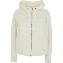White Hooded Puffer Jacket with Drawstring and Quilted Design in Tech Fabric and Cotton for Women