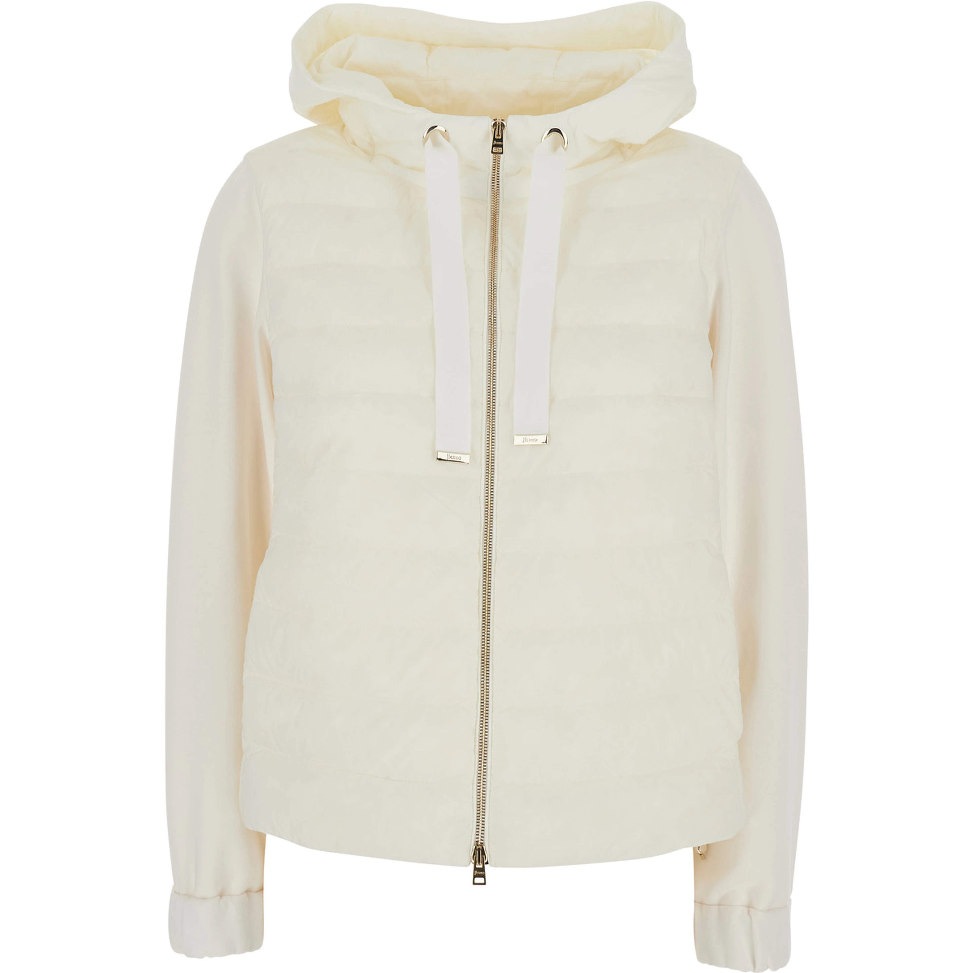 White Hooded Puffer Jacket with Drawstring and Quilted Design in Tech Fabric and Cotton for Women