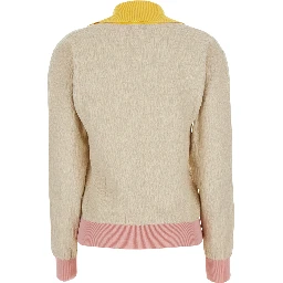 Beige Long-Sleeved Sweater with V-Neck and All-Over FF Motif in Cotton Women