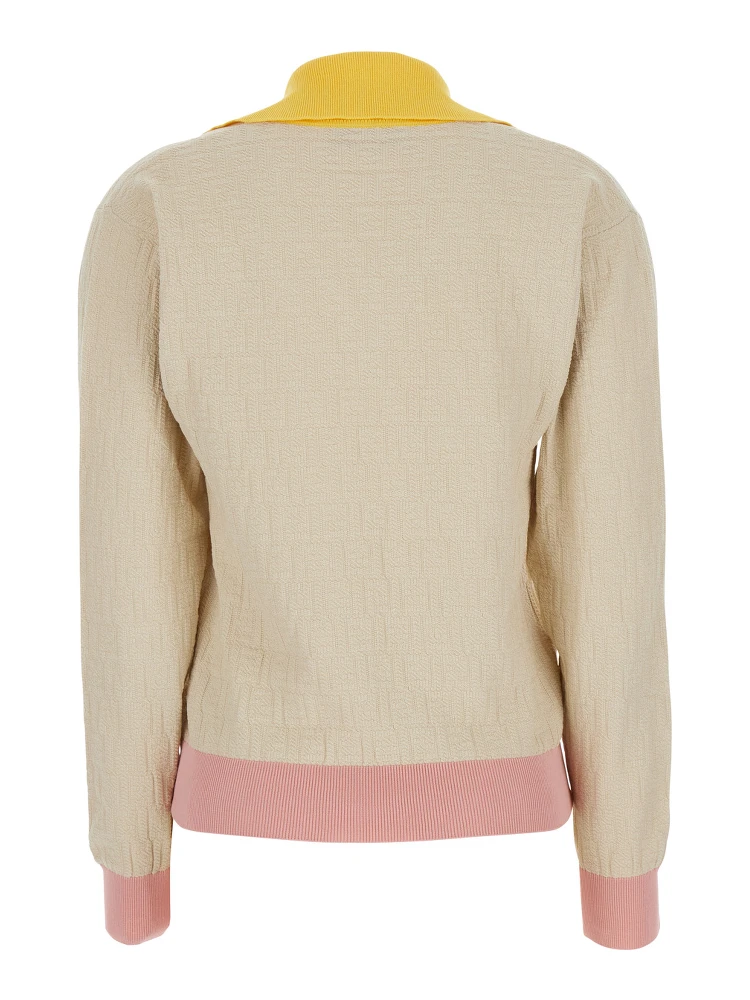 Beige Long-Sleeved Sweater with V-Neck and All-Over FF Motif in Cotton Women alternative