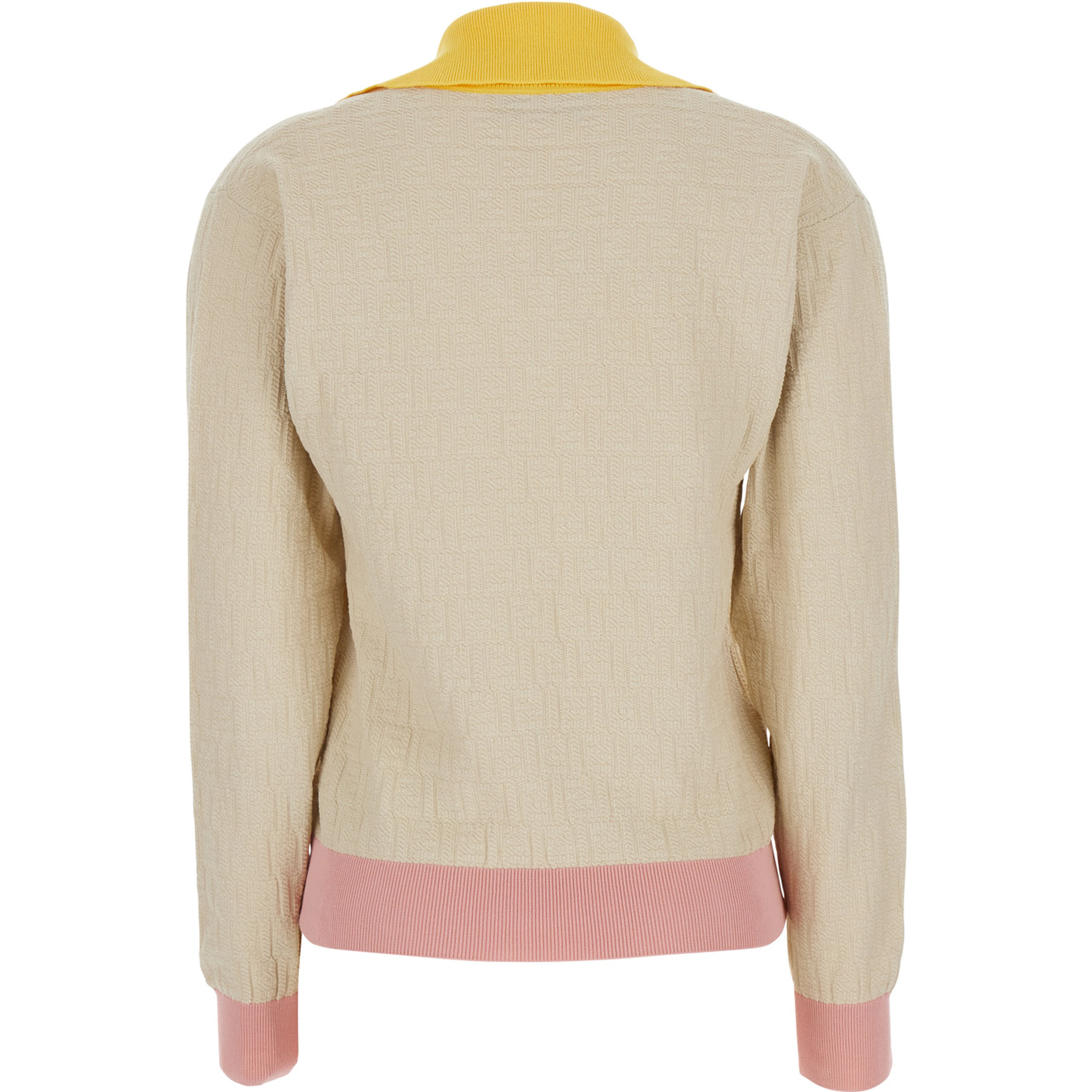 Beige Long-Sleeved Sweater with V-Neck and All-Over FF Motif in Cotton Women